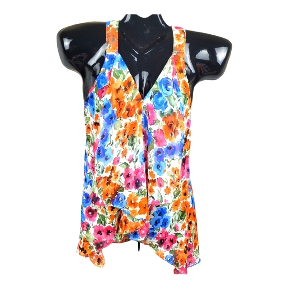 POETRY Flowy Spring Floral  Print Hi-Lo Racerback Front Ruffle Top - Picture 1 of 11